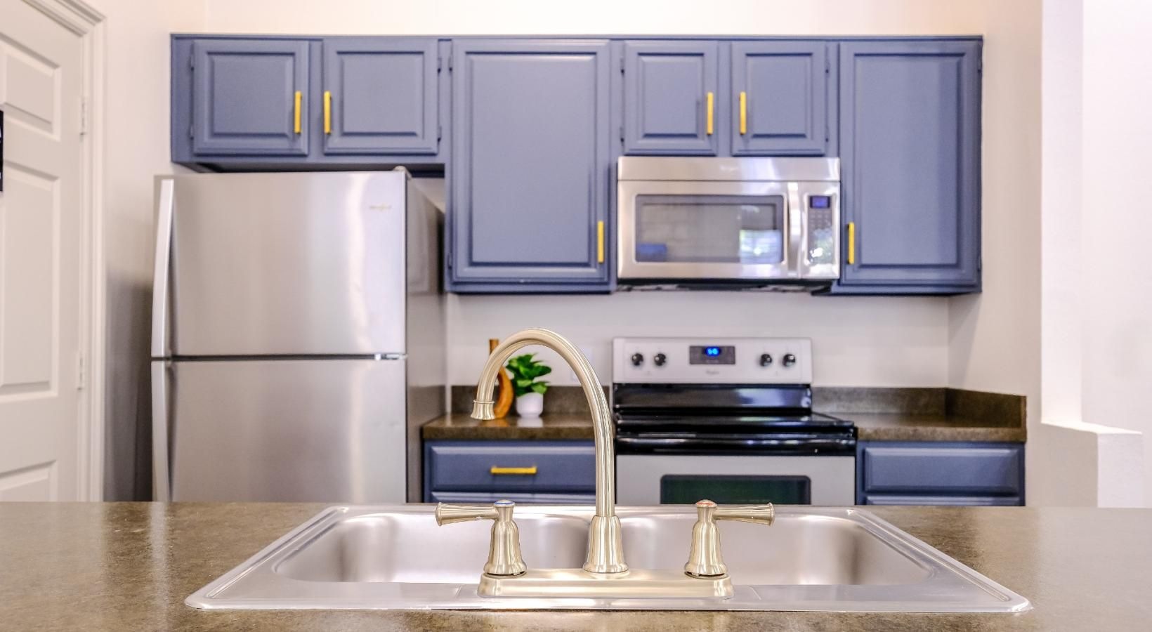 The essence of exceptional living clubhouse kitchen with blue cabinets